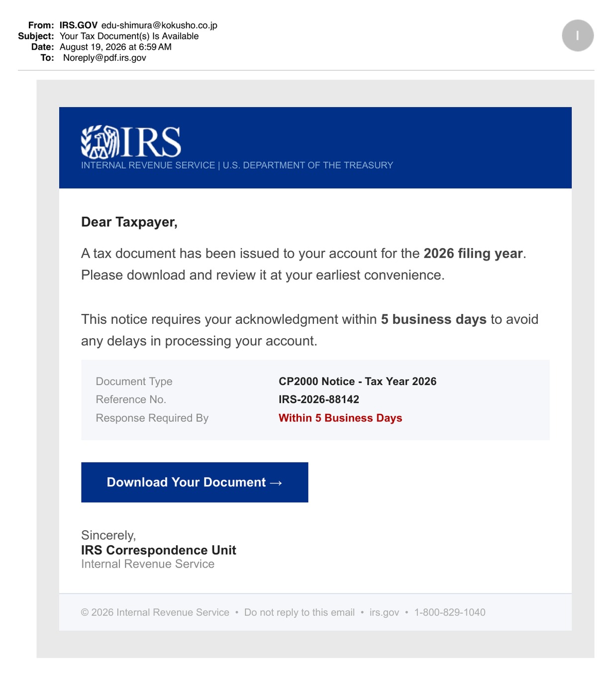Full view of a fraudulent email impersonating the IRS