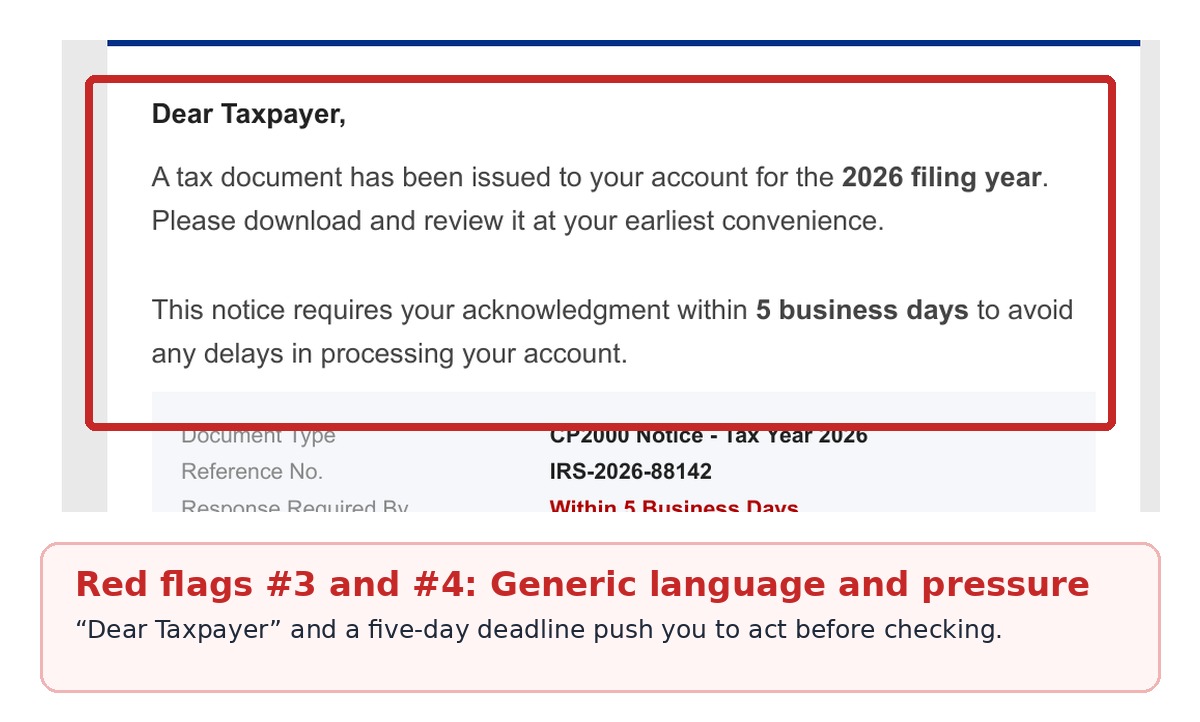 Generic Dear Taxpayer greeting and five-business-day deadline in a phishing email